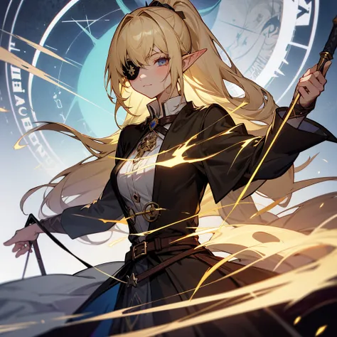 Eye patch、、Witch costume、Elf、grimoire、magic circle、A relaxed expression and long hair, chest, Blonde, ponytail, Pointy Ears, Highest quality, Magic wand one girl, 