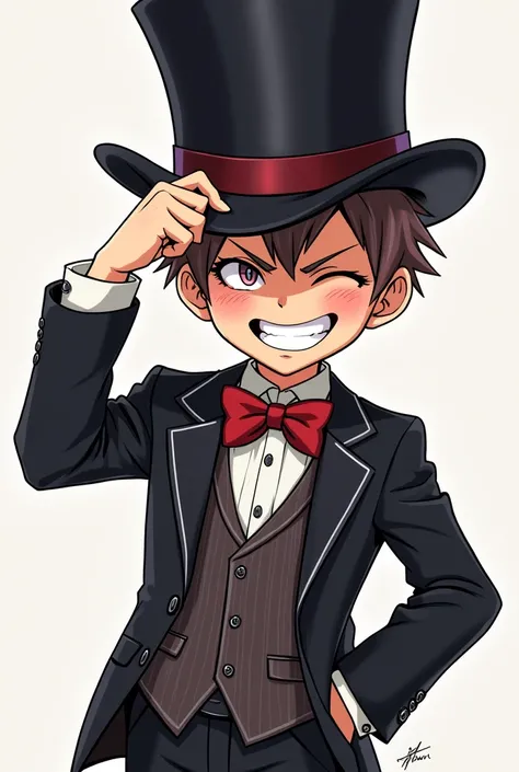 for gaming profile, boy wearing a suit and high-top hat with an evil laugh and a hand and a hand on the hat anime style 