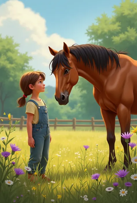 Emma Finds Jasper  A young girl, around , with light brown hair and wearing overalls, discovers a horse in a neglected pasture. The horse, a caramel-colored beauty, stands among tall grass and wildflowers