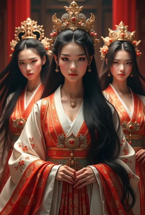 A beautiful young queen, aged 20, and two beautiful concubines, aged 19, wearing Japanese imperial costumes. The queen stands in the middle, while the concubines stand on the left and right sides. They have long hair., black hair, brown hair, chest, chestใ...