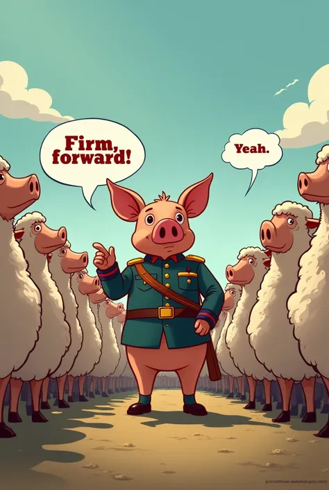 Based on the previous image, guide yourself to prepare: 

Viñeta 2: The pig commander begins to give an order: enclose in a speech bubble "Firm, Forward!". The sheep respond with a loud "Yeah, Mister!" in unison chorus, without thinking, as they begin to m...