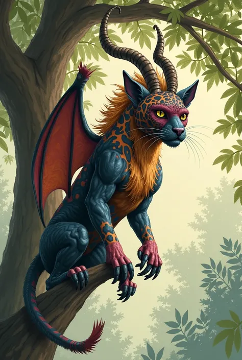 Make a sketch-type image of an alebrije hanging from a tree that mixes a jaguar and a bat, a goat and a monkey
