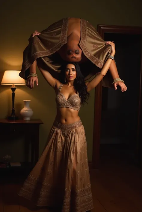 Smiling and beautiful, sexy Iranian woman in silk lehenga carrying a large obese indian man on her head in a dim light room, full body view, natural , clear image 