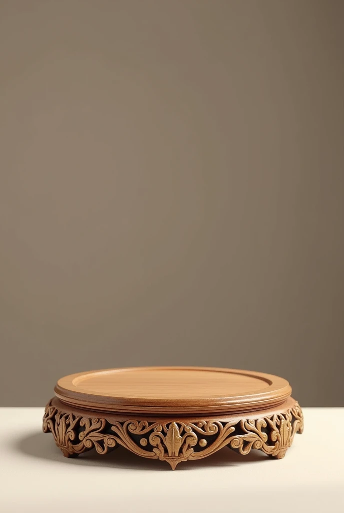 Wooden base without perspective，Fine wood texture，Decorative carved elements，Amazing attention to detail，Highest quality 4k，Realistic，Some gold decoration，