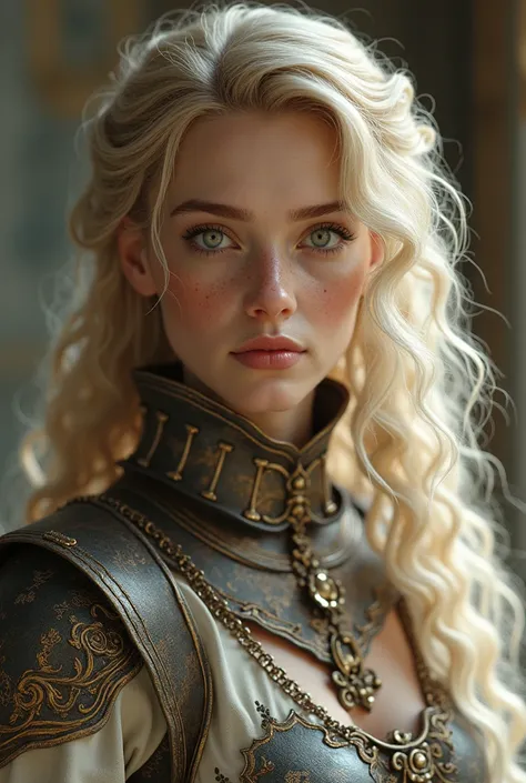 1girl, masterpiece, best quality, 8k, detailed skin texture, detailed cloth texture, beautiful detailed face, intricate details, ultra detailed, a european girl, green eyes, blonde curly hai, 3D character, Medieval Knight