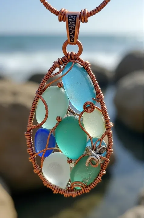 Copper wire wrapping with sea glass jewellery,  silver wire