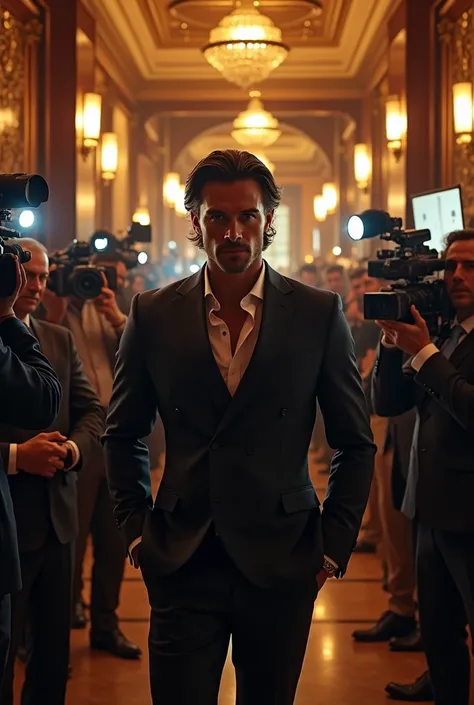 A handsome, muscular, burly, young, dark-haired man with a defined face, a marked jaw and slightly long hair in an elegant suit opening a luxurious bar with several people around, journalists and cameramen 