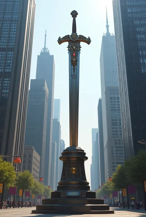 A statue of a sword in a city and the sword isnt very big and tge sword is on a statue pedestal