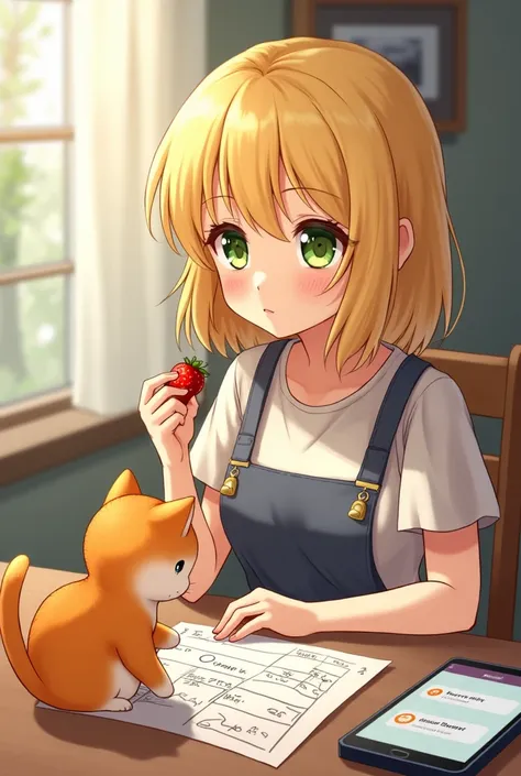 Create an image of a green-eyed girl, blonde hair with a small orange cat eating strawberry and finishing her accounting work, with slightly yellowish skin and a cell phone on the table with a message notification from a person named Hernan telling him Goo...