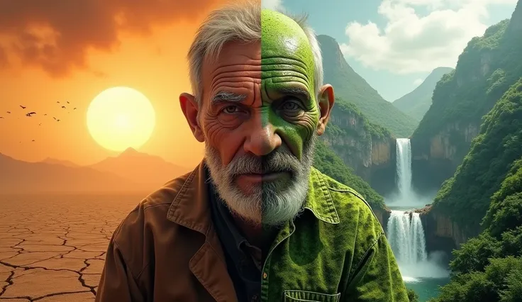 A striking split image of a young man, transformed by two dramatically different environments. On the left, labeled EARTH, he appears aged, with deep wrinkles, silver hair, and a weathered face, set against a background of a scorching, barren desert with c...