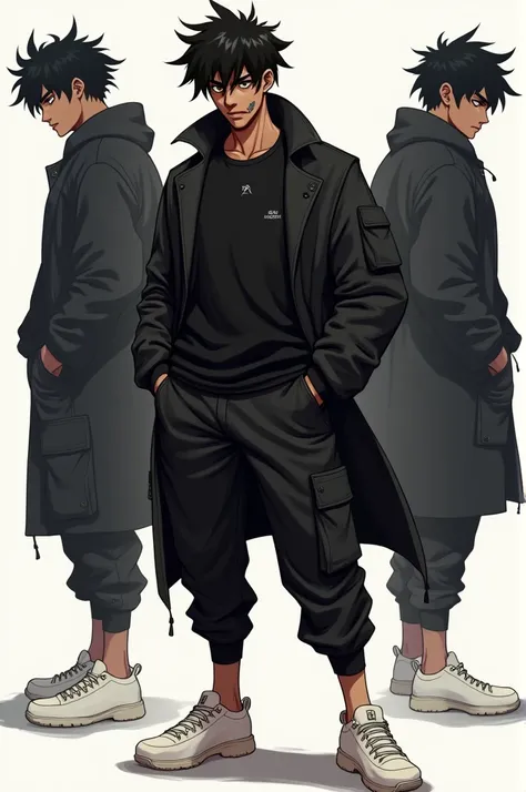 anime panel, a Black man + messy black hair + eyes browns + undefined face + scar on mouth + piercings na orelha + black jersey + black overcoat + black cargo pants + white flat sneakers + make him in different poses standing + do it full body