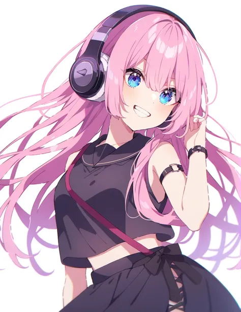 Pink Hair、Long Hair、Blue Eyes、Smiling、Black sleeveless top、Wrap skirt、Wearing headphones、Megurine Luka、Girl