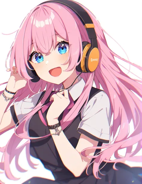 Pink Hair、Long Hair、Blue Eyes、Smiling、Black sleeveless top、Wrap skirt、Wearing headphones、Megurine Luka、Girl