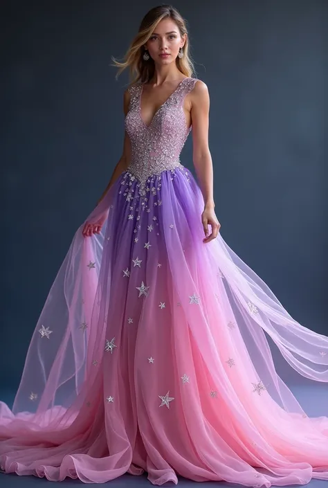 A dress for a  is made of the finest silk, in all the shimmering shades of pink and purple. The bodice is embroidered with tiny silver stars, and she has a skirt that flows around her like a waterfall of fabric.