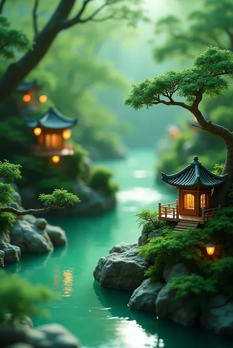 [Vision:1.0]，[Wide Angle:1.0]，Microcosm，Three-dimensional green miniature landscape，Gold wire hook，Jade Ancient Chinese Architecture，Luminescence，Zen，Transparent glass texture，Depth of field composition，Light and shadow contrast，生物Luminescence效果，Rembrandt ...