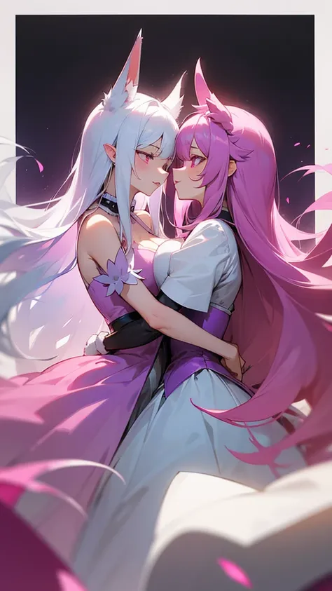 2 beast girl images created. The beast girl on the left has long white hair and bangs, It has double dragon horns，Fuchsia pupils, Light purple dress，The beast girl on the right has rabbit ears，Long coffee-colored hair, Pink eyes, The expression was slightl...