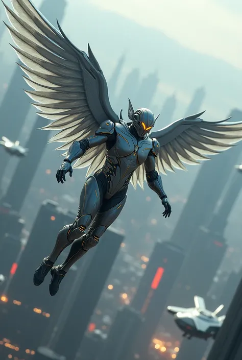 make a futuristic armor with wings flying

