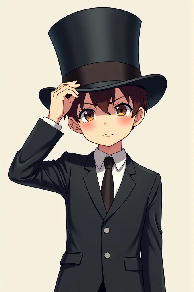 boy in suit wearing high top hat fearless with looks holding hat with one hand totally calm anime