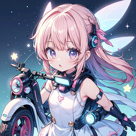 1girl,Perfect Anatomy、、Perfect joints、Highest quality、Masterpiece、Star Fairy、cyber punk、simple background、Kawaiitech、Big Goggles、one piece、Cute and unique scooter,KAWAII TECH,Depiction from above、