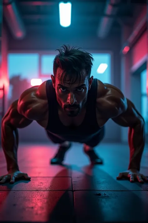 /Imagine a person doing push-ups in a gym with a dark background and neon lights, with sweat on his forehead and a determined expression on his face, Realistic photographic style /at 4 /AR 16:9