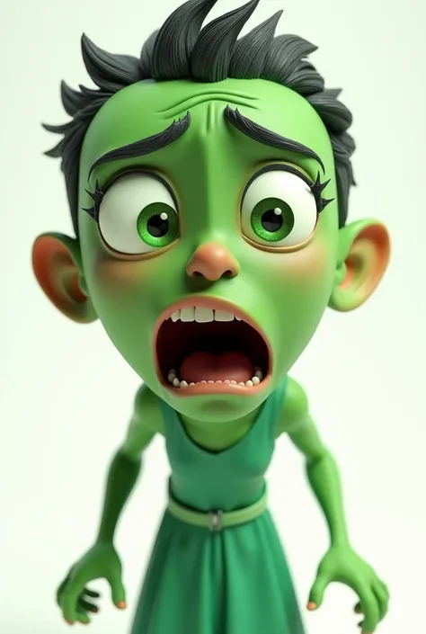 a highly detailed 3D representation, vibrant and emotionally charged 20-year-old with green skin, wearing a green dress with a light green belt, against a white background, with the camera capturing every wrinkle and nuance of his disgusted expression, the...