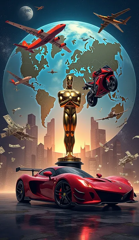 Make an ultra HD wallpaper for phone, there is plane, dollars, car, bike, oscar, world map in the background, but infront of the wallpaper there is Quote written "F.Q Hero This is the only chance you deserve".