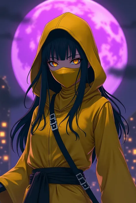 Ninja Sakura from Naruto in yellow color written INSP, with ninja swords, with hood and mask covering the mouth, with long black hair with bangs, in the city with purple moon behind