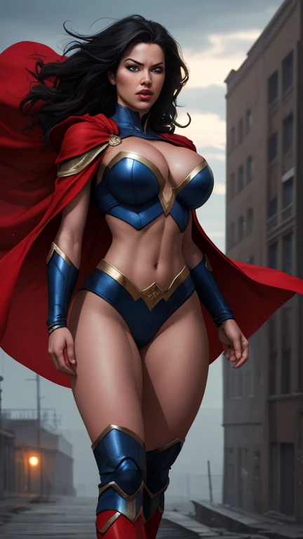 a stunning superheroine, 1girl, sexy white uniform, red cape, bold "V" symbol on chest, large cleavage, wide hips, buccaneer-style boots, floating in cloudy sky, imposing superheroine, short black hair, blue eyes, extremely beautiful, heroic, (best quality...