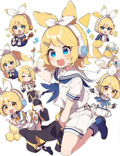 Blonde、Wearing a sailor suit with a grey collar、The scarf is yellow、White shorts、Wearing long black boots、Medium Hair、Outer Honeycomb Hair、She is wearing a white ribbon and white headphones.、Her hair is parted in the middle and held in place with two white...