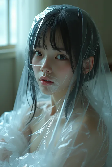 A cute long-haired Japanese girl，1，Height 160cm,Whole body enclosed in plastic bags，latex, full body coverage，On the bed，Vacuum Bags，Plastic fits snugly around nose and mouth，Plastic bag creases on face，A feeling of suffocation , Respiratory control, pant