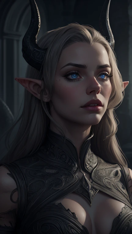 a young and delicate female elf trapped by a tentacle creature,1girl,detailed face,beautiful detailed eyes,beautiful detailed lips,elegant fantasy elf,horns,long hair,detailed intricate clothing,tentacles,dark fantasy,dramatic lighting,moody atmosphere,cin...