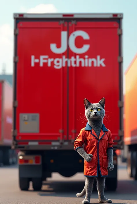 Red trailer with JC FREIGHTLINK name operated by a gray cat in operator uniform 
