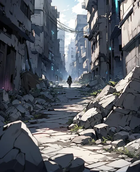 First person mode, watching from a distance a small stone on the ground, in a destroyed city anime style 