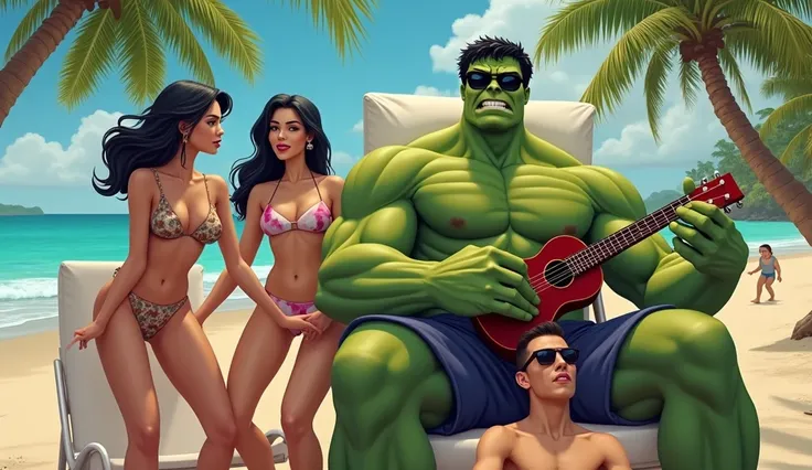 Four people, Two buxom bikini girls, one young man with sunglasses playing the ukulele, and the Incredible Hulk, location is a tropical beach with palm trees behind them, the hulk is massive, he is ten feet tall,  the hulk is relaxed , the hulk is reclinin...