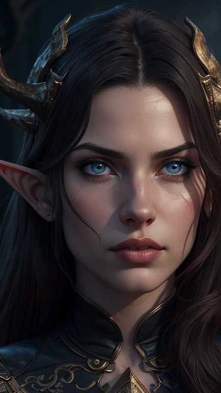 a young and delicate female elf, 1girl, detailed face, beautiful detailed eyes, beautiful detailed lips, elegant fantasy elf, horns, long hair, detailed intricate clothing, tentacles, dark fantasy, dramatic lighting, moody atmosphere, cinematic, highly det...