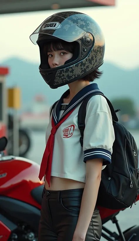 documentary photo, realistic, dramatic scene, very beautiful Japanese high school girl, famous beautiful Japanese idol, cute woman, punk rock styled mature bad girl, short curly-haired, standing side of a motorcycle, at a gas station, masterpiece, (face fo...