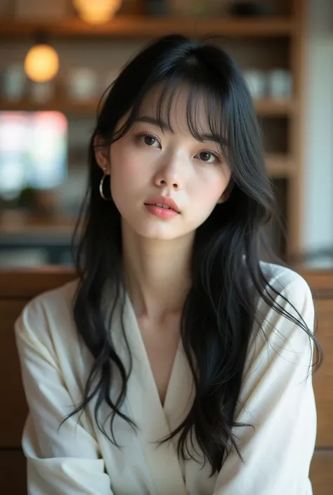 20-year-old,woman,long hair,Black Hair,Fine skin,Japanese,Highest quality,White blouse,Beautiful eyes,Beauty,Inside the cafe,Thin bangs