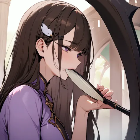 light purple Cheongsam，scythe，1 brunette beauty, Long hair, goose shaped hairclip, biting a fan, masterpiece,high resolution