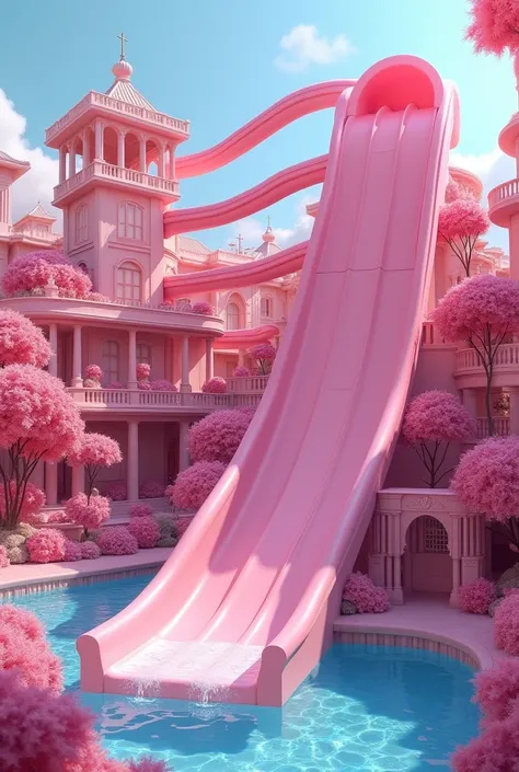  (photorealism:1.2), realistic, intricate details, On top of an empty pink water slide in a pink water park

