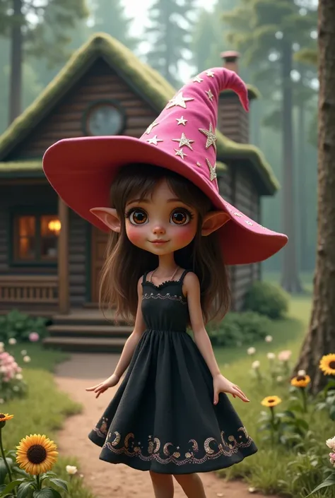 a little elf girl dressed as a witch with her black dress and pink hat. He is outside his cabin.