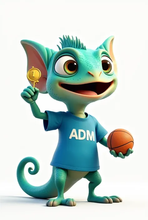 (photorealism:1.2), A turquoise animated cartoon chameleon that is earless , with big eyes. wearing a blue t-shirt with the word &#39;ADM&#39; in capital letters and celebrating by holding a first place medal along with a basketball on a white background

...