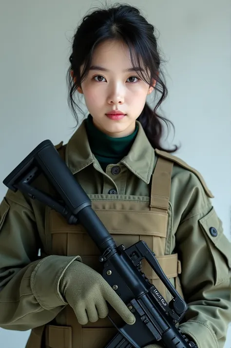 20-year-old South Korean female soldier, she is beautiful, sweet, fresh and sexy. She wears a bulletproof vest and holds an M4A1 rifle in her hand. Full body photo taken with a Canon EOS R5 camera. 