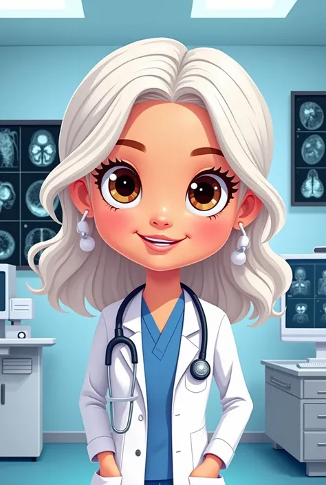 Cartoon image type Barbie radiologist brown eyes,  White hair ,in a radiology room, that images of radiological signs are seen ,round face  ,hair not so long and wavy