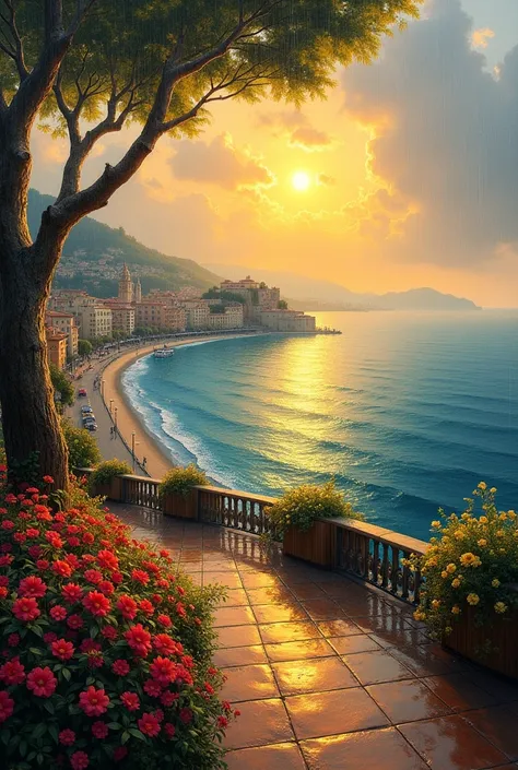 Oil painting of a sunset in a Mediterranean city on the seashore, with many flowers and no people, The afternoon is rainy and you can see the sun, Elegant atmosphere, many details, Render Lumion 8K, Render the architecture of the unreal engine , many detai...