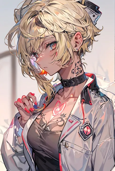 doctor,A decadent and sexy woman,Light pigmentation,Highest quality, Gradient color hairstyle, Blonde, Tattoos on the face,Amber Eyes, Expressionless, Hollow Eyes, One eye covered in bandages, Anime Style, Shortcuts, Cigarette in mouth