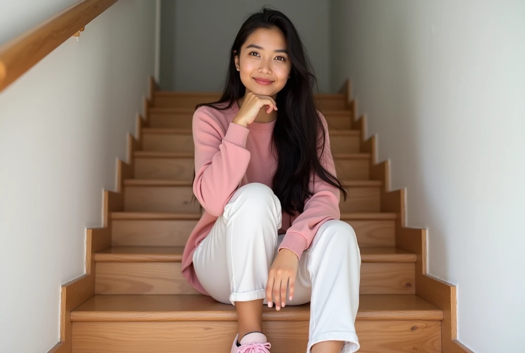 1girl, Solo, Long Hair, High Resolution, Black Hair, Masterpiece, Accurate, Anatomically Correct, Best Quality, Detail, UHD, Realistic Photo. A 23 young indonesian women, weght: 50 kg, height: 157. The image shows a young woman sitting on a wooden staircas...