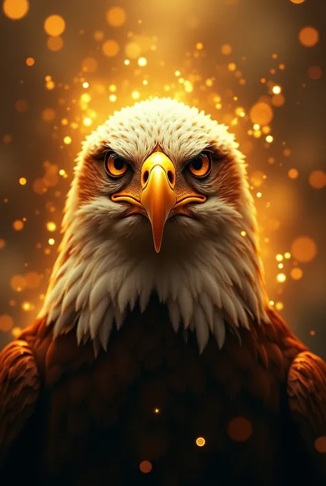 Photos with animals filling the entire screen in front of the image,Fantastic fantasy,Glowing in gold,Moody Color,Golden glitter background,Close-up of face,eagle