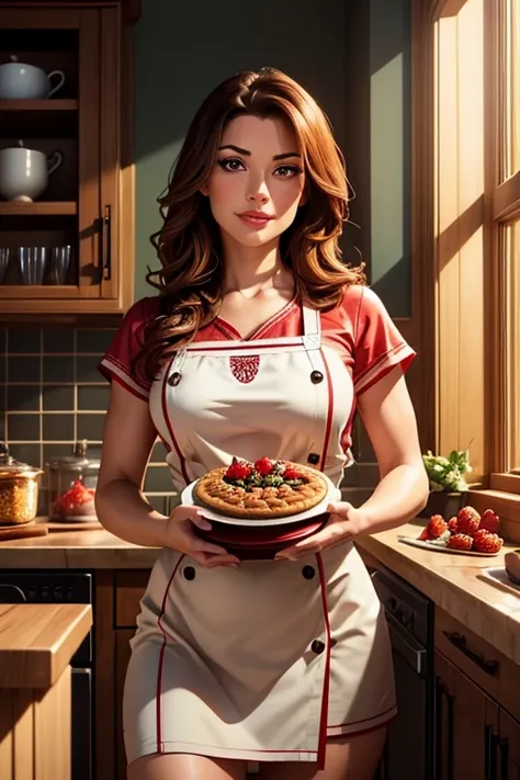 a cute woman (2, cute chef outfit) presenting a strawberry pie to the viewer, cozy kitchen, photorealistic, 8k, masterpiece, highly detailed, realistic lighting, warm color tones, soft focus, cinematic composition, beautiful detailed eyes, beautiful detail...