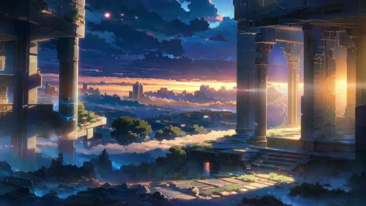 anime scene of an abandoned city under blue sky, anime drawing by makoto shinkai, topics on pixiv, magic realism, beautiful anim...