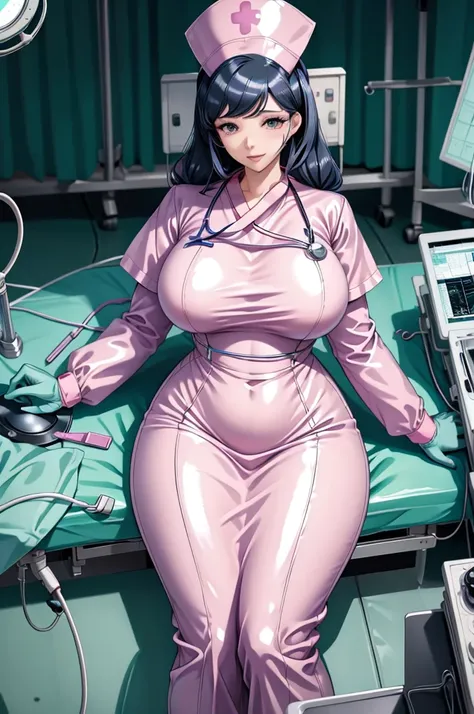 nurse uniform,hospital, latex nurse suit,nurses,busty,elbow gloves,labcoat,black hair woman,pink eyes , gigantic ,medical instru...